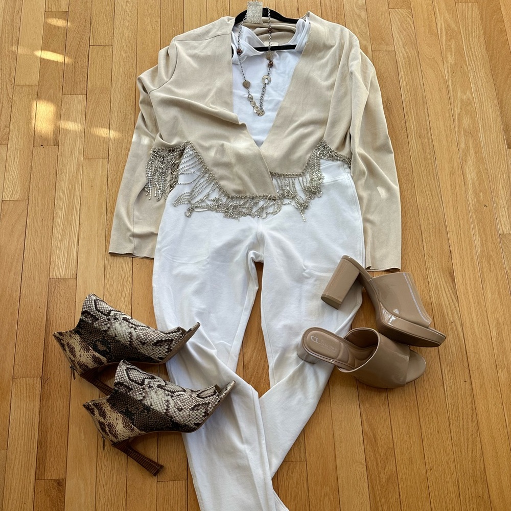 Faux suede jacket with rhinestone fringe